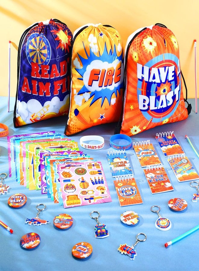 Vertintong 110 Pcs Dart Battle Party Favors Back to School Gifts Includes Dart Party Favor Bags Silicone Wristbands Badges Notebook Keychain Stickers Bendable Pencil for Birthday - Image 5